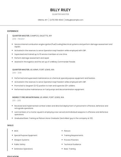 Quarter Master Resume