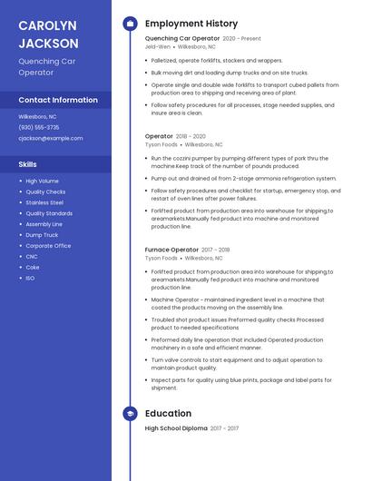 Quenching Car Operator Resume