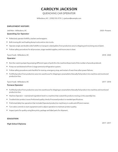 Quenching Car Operator Resume