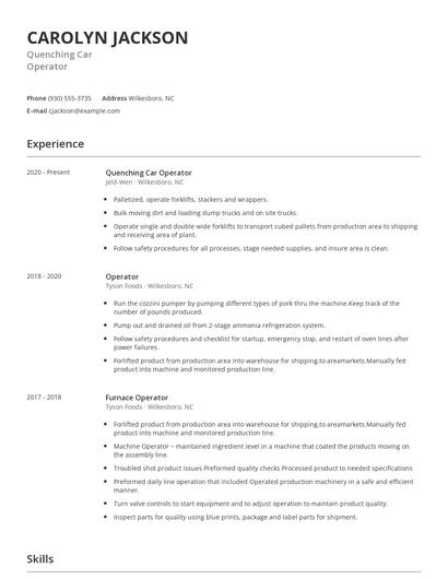 Quenching Car Operator Resume