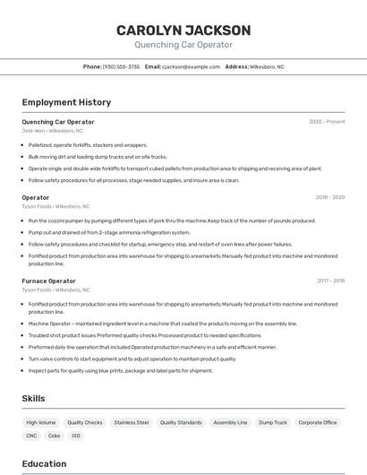 Quenching Car Operator Resume