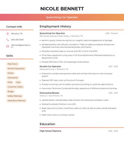 Quenching Car Operator Resume