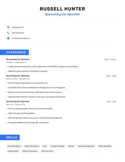 Quenching Car Operator Resume