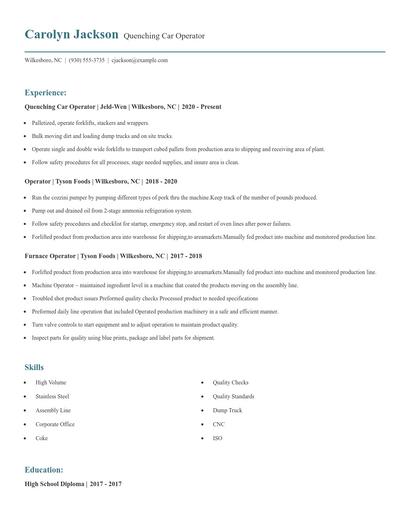 Quenching Car Operator Resume