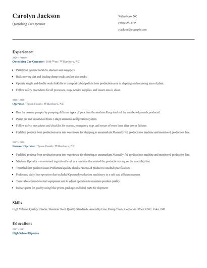 Quenching Car Operator Resume