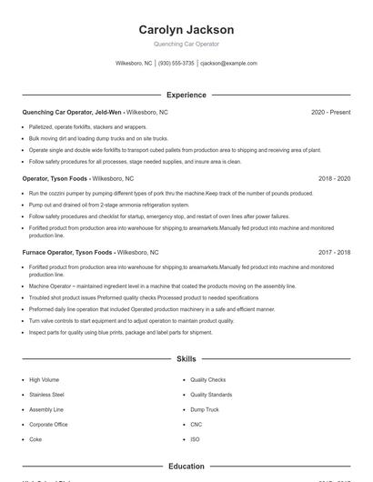 Quenching Car Operator Resume