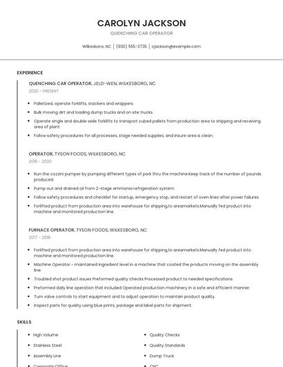 Quenching Car Operator Resume
