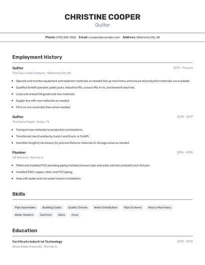 Quilter Resume