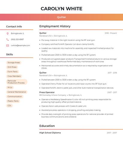 Quilter Resume