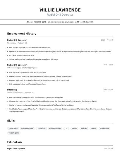 Radial Drill Operator Resume
