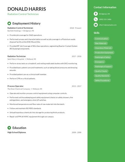 Radiation Control Technician Resume
