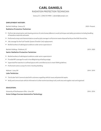 Radiation Protection Technician Resume