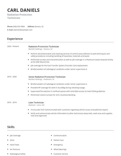 Radiation Protection Technician Resume