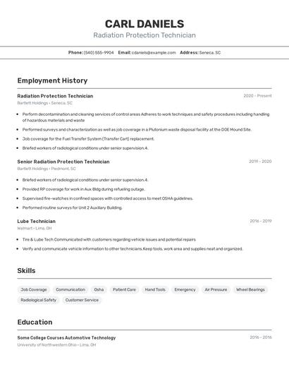 Radiation Protection Technician Resume