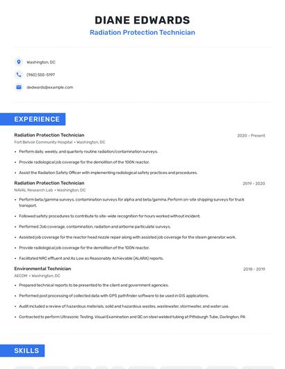 Radiation Protection Technician Resume