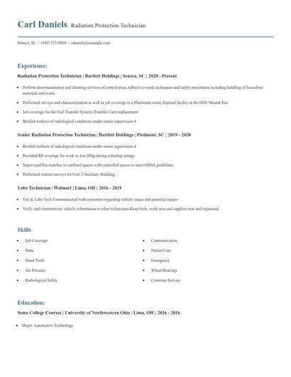 Radiation Protection Technician Resume