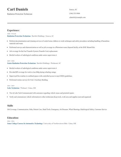 Radiation Protection Technician Resume