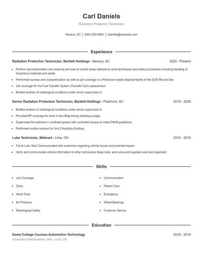 Radiation Protection Technician Resume