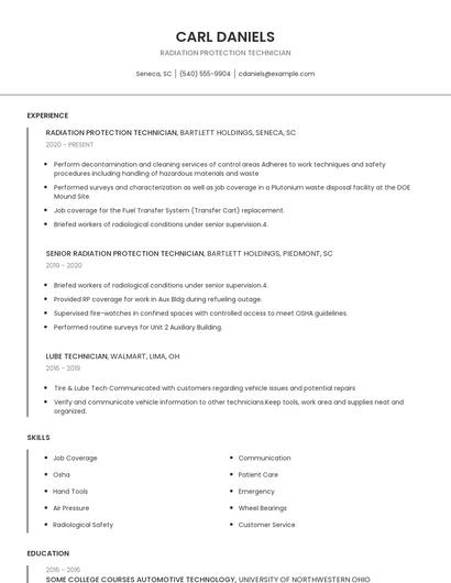 Radiation Protection Technician Resume