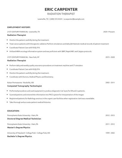 Radiation Therapist Resume