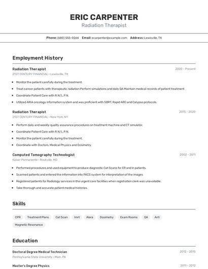 Radiation Therapist Resume