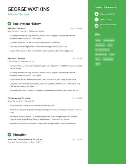 Radiation Therapist Resume
