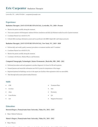 Radiation Therapist Resume