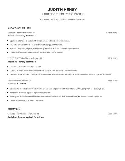 Radiation Therapy Technician Resume