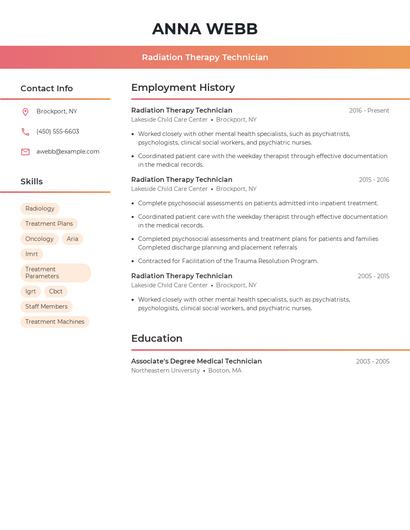 Radiation Therapy Technician Resume
