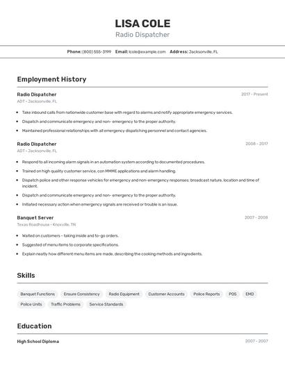 Radio Dispatcher Resume