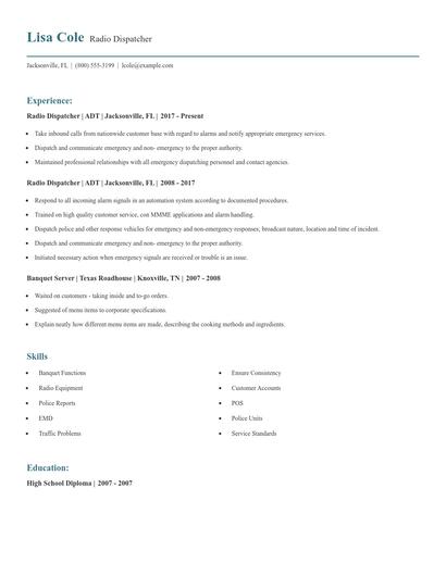 Radio Dispatcher Resume