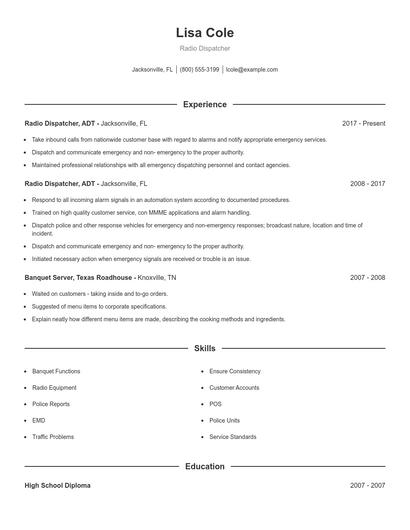 Radio Dispatcher Resume