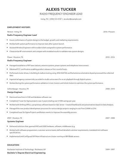 Radio Frequency Engineer Lead Resume