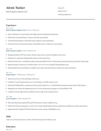 Radio Frequency Engineer Lead Resume