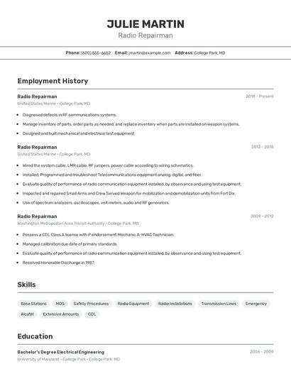 Radio Repairman Resume
