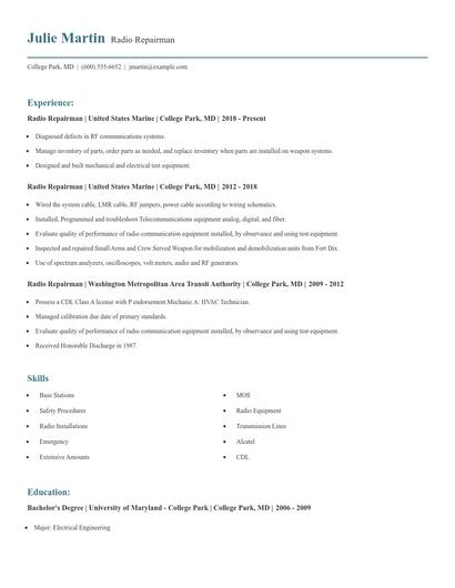 Radio Repairman Resume