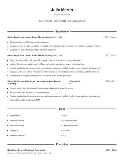 Radio Repairman Resume
