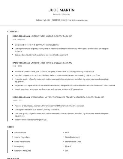 Radio Repairman Resume
