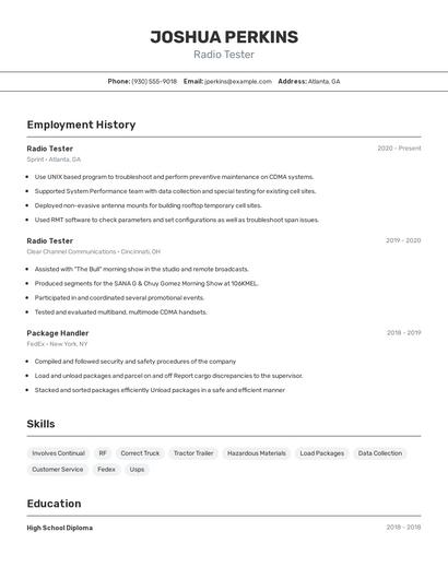 Radio Tester Resume
