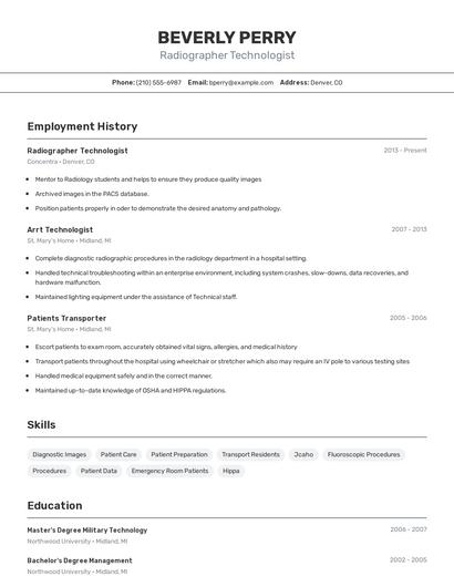 Radiographer Technologist Resume
