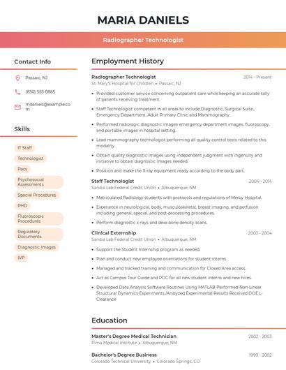 Radiographer Technologist Resume