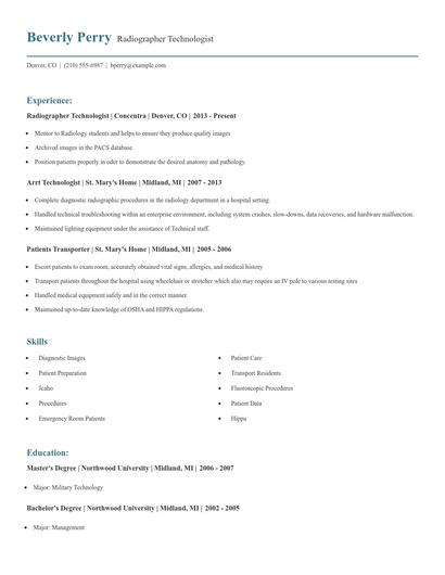 Radiographer Technologist Resume