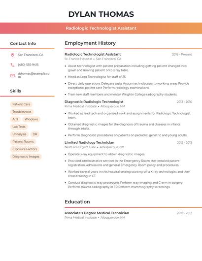 Radiologic Technologist Assistant Resume