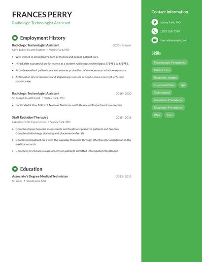 Radiologic Technologist Assistant Resume