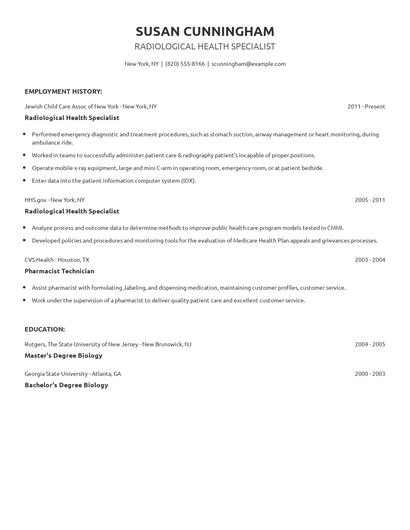 Radiological Health Specialist Resume