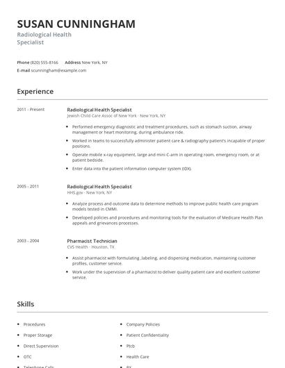 Radiological Health Specialist Resume