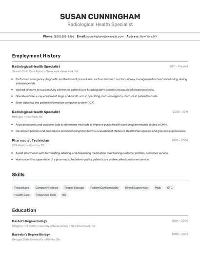 Radiological Health Specialist Resume