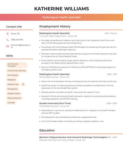 Radiological Health Specialist Resume