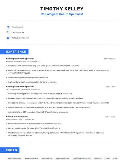 Radiological Health Specialist Resume