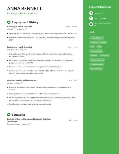 Radiological Health Specialist Resume